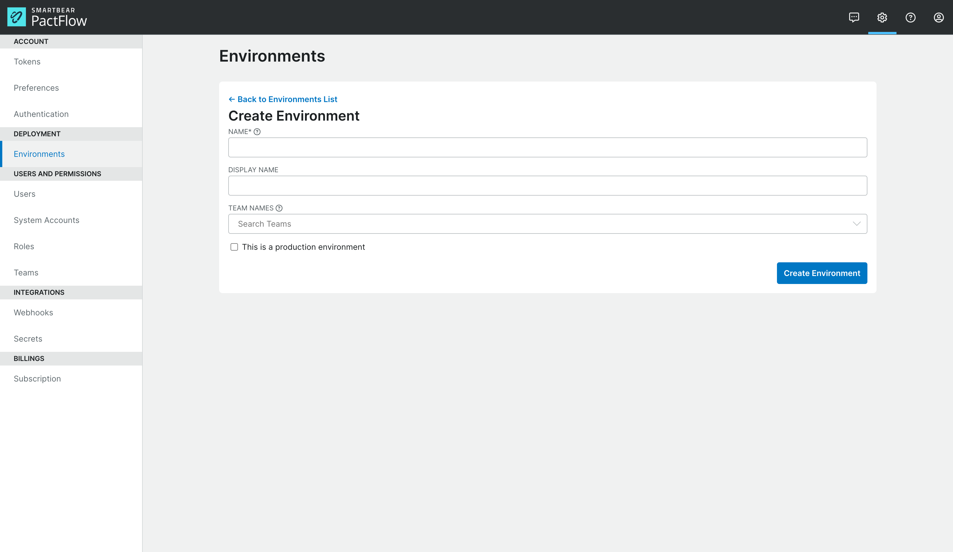 Environments Screen