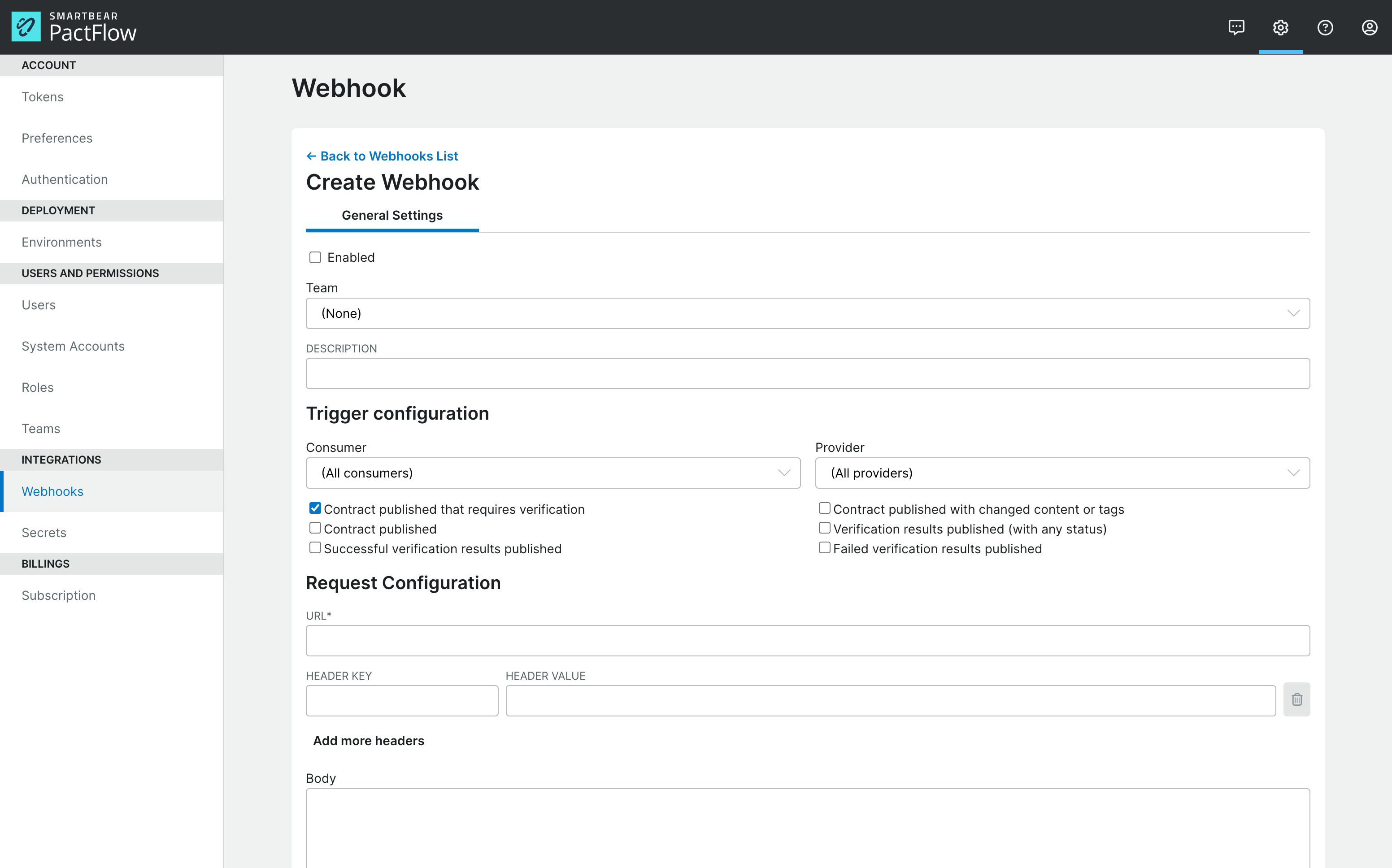 Create Webhook Screen